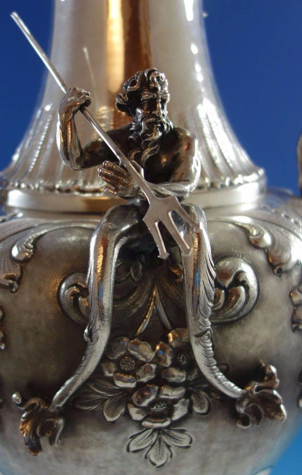 19th Century Large Italian Sterling Silver Tall Vase of Greek Mythology Poseidon, Hollowware