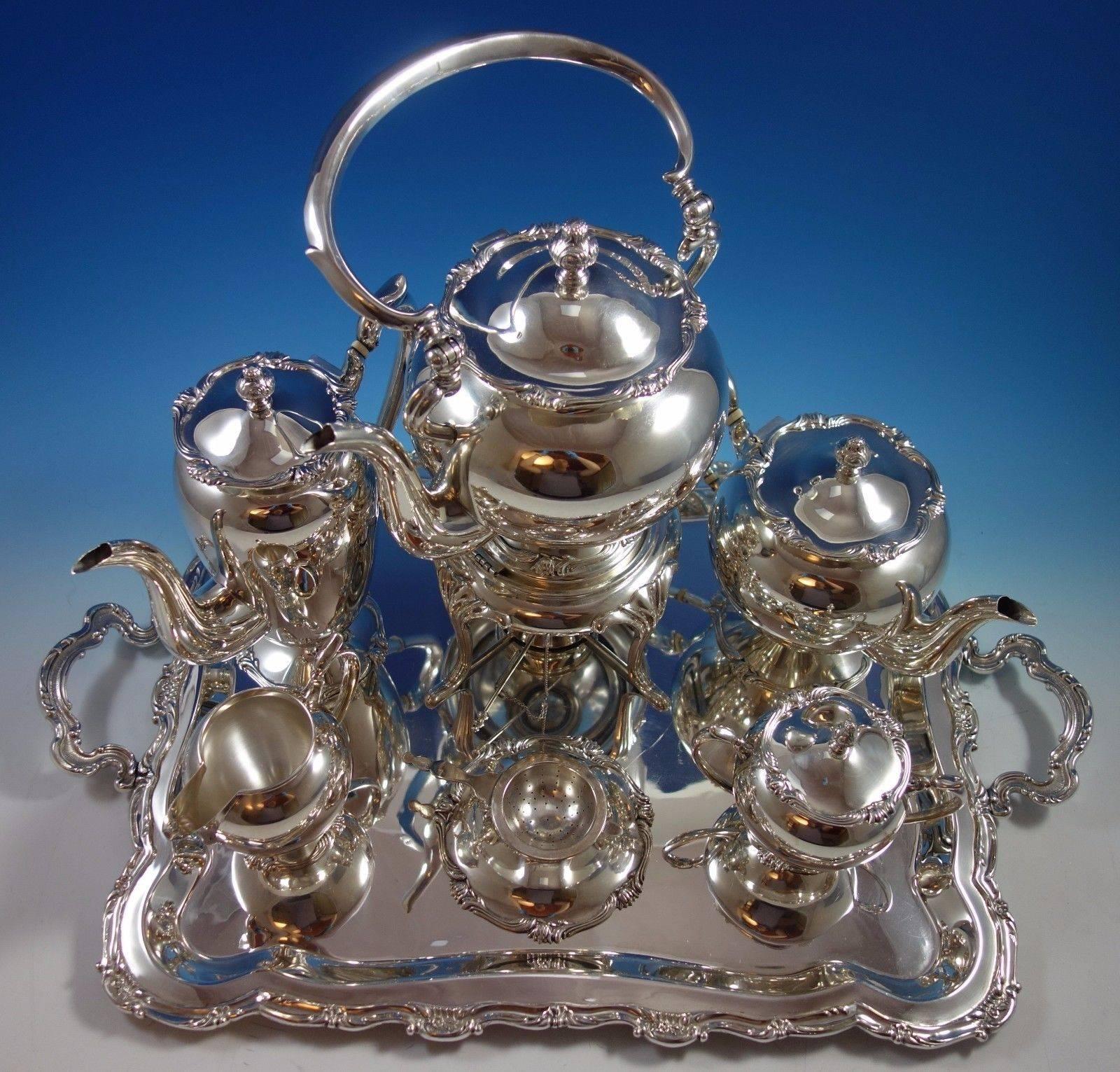 Simply beautiful San Marco by Camusso sterling silver seven-piece tea set with an elegant rectangular sterling tray. The tray has two handles, measures 25
