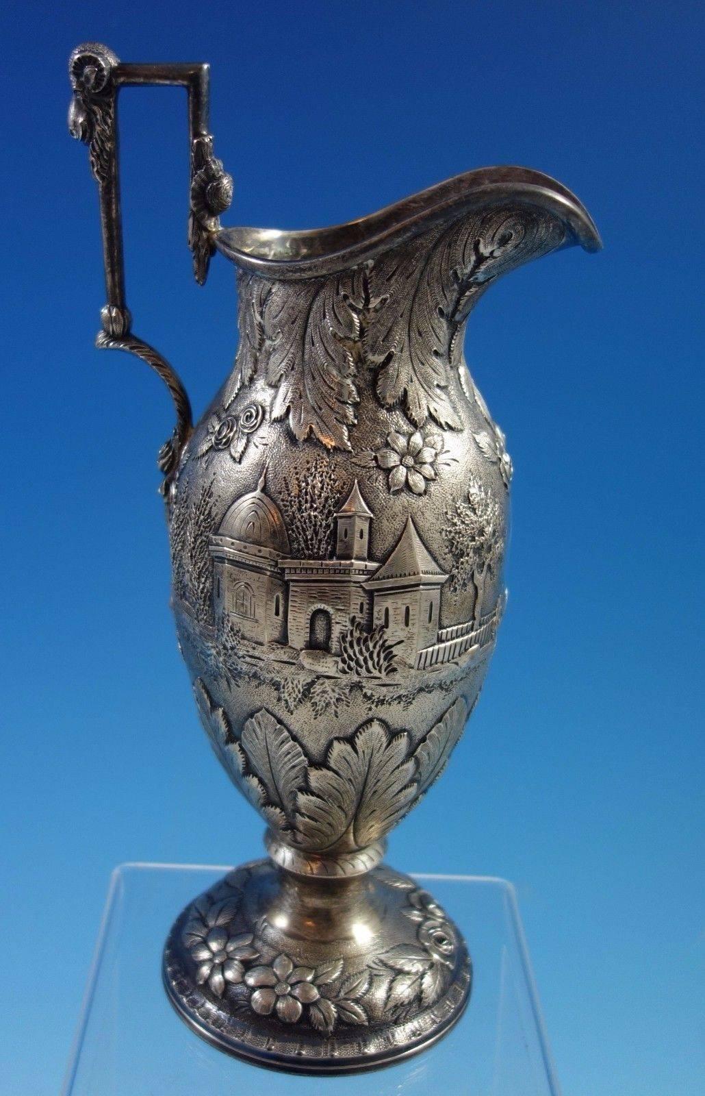 Repousse by AG Schultz Sterling Silver Milk Pitcher Architectural Castle, Leaves In Excellent Condition In Big Bend, WI