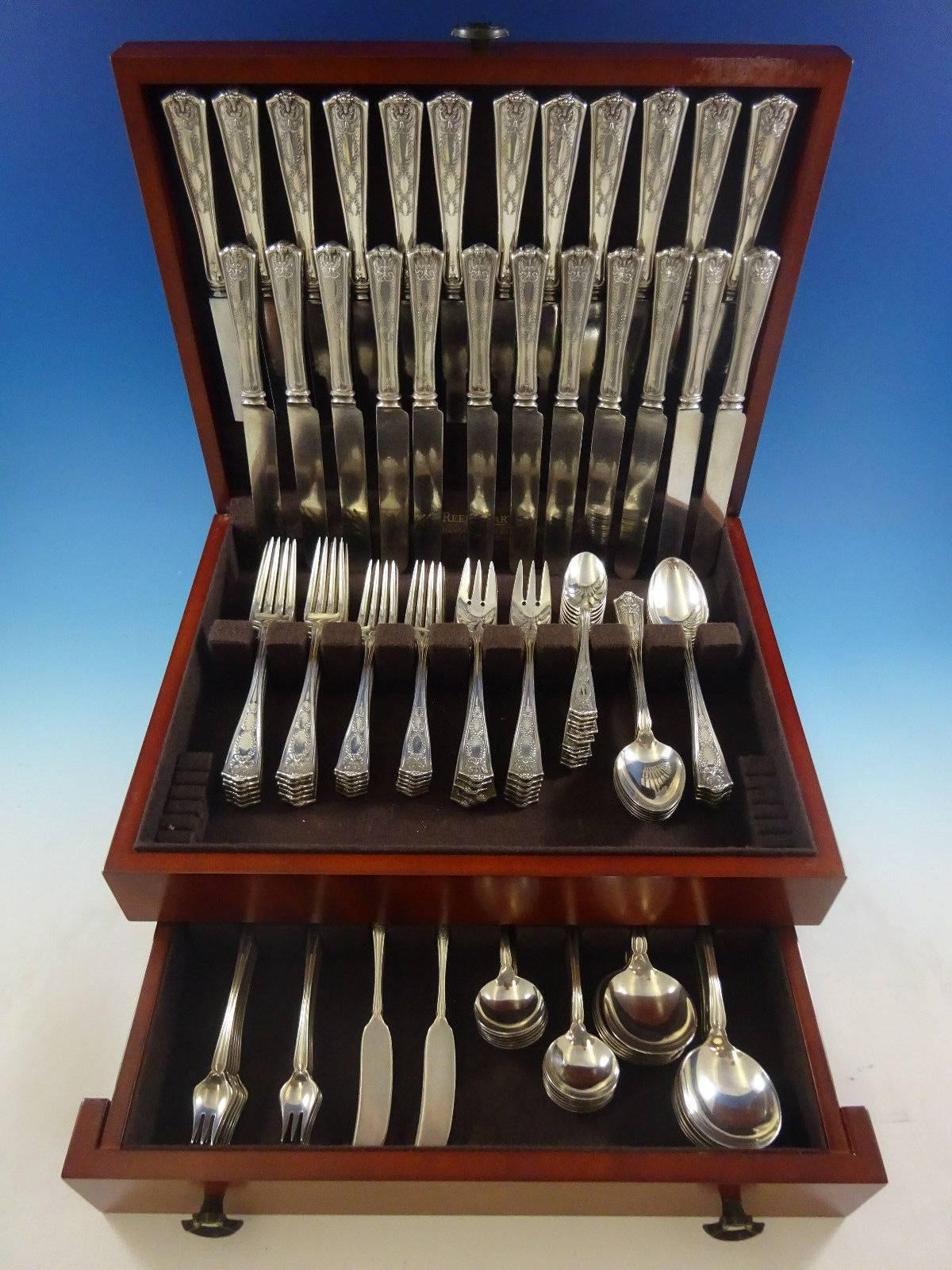 Exceptional Winthrop by Tiffany & Co. sterling silver flatware set of 131 pieces. This set includes: 12 large dinner size knives, 10 1/4