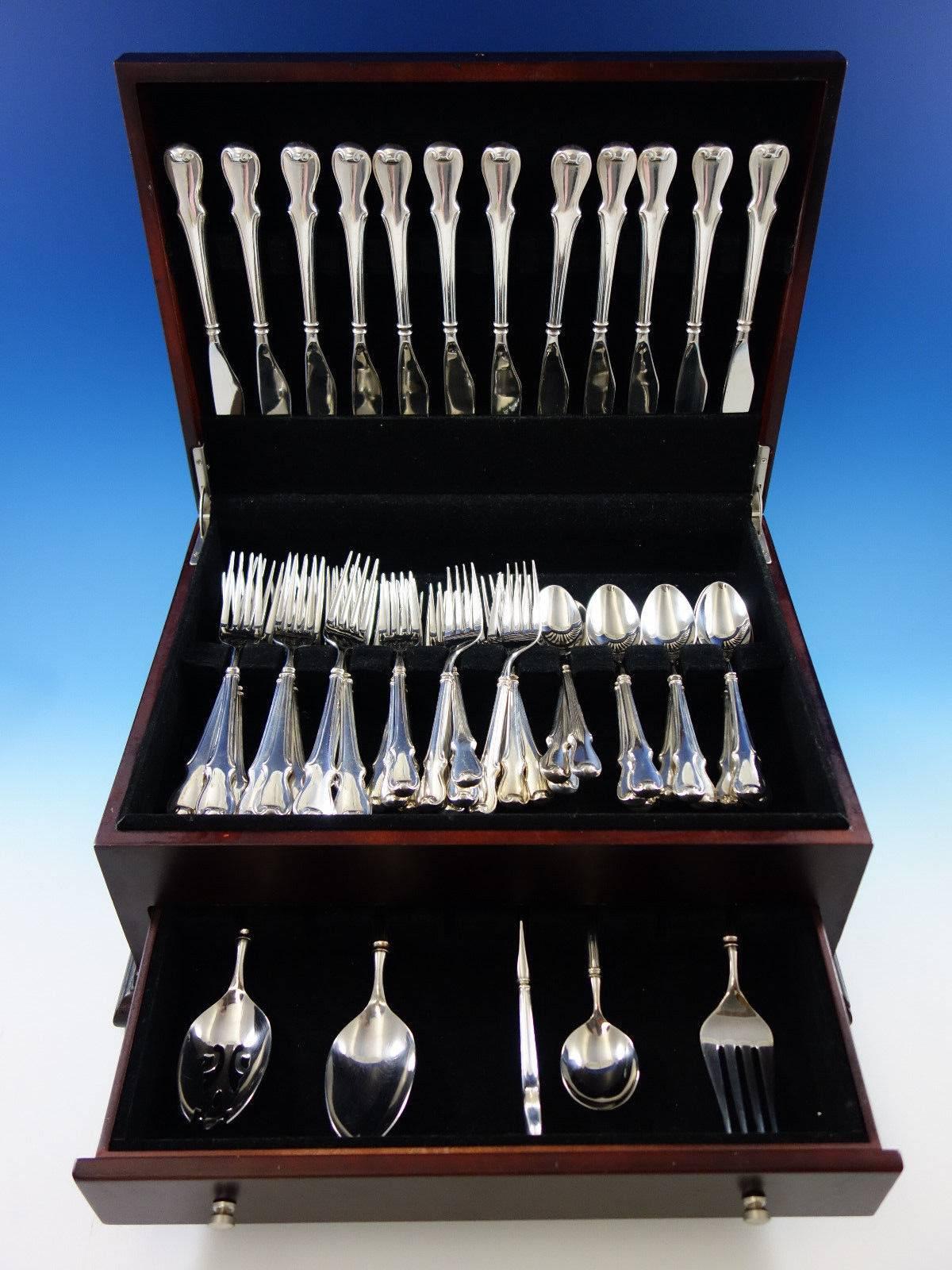 Plymouth Colony by Wallace sterling silver with stainless flatware set, 53 pieces. All of the pieces in this pattern have a hollow sterling handle and stainless implement. This set includes: 12 knives, 8 3/4