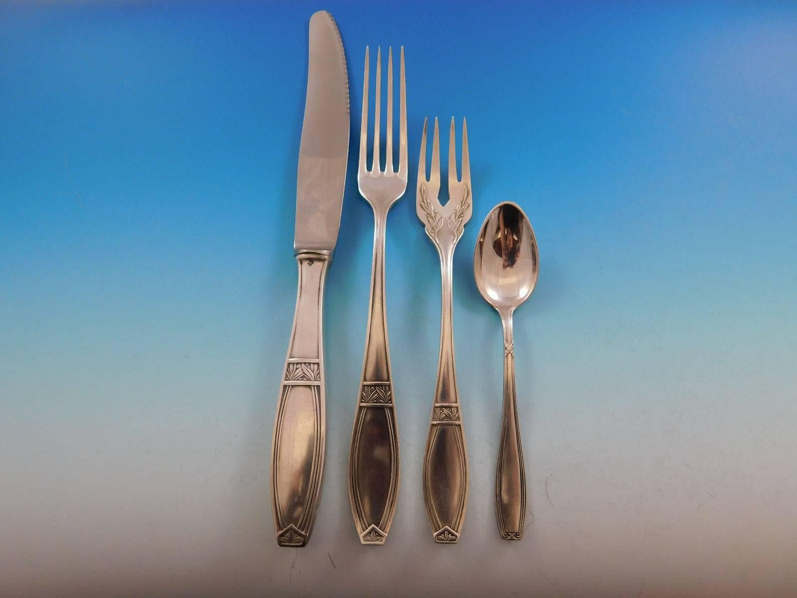 Outstanding German Art Deco style Silverplated flatware set by C.B. Schroeder, 156 pieces in original fitted chest. This set includes:

12 Dinner Size Knives, serrated, 10 1/8