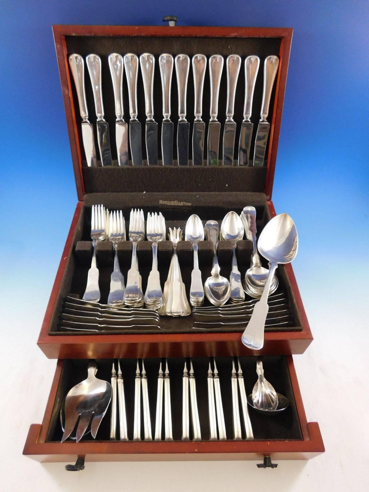 Incredible monumental Grandma Milford by Porter Blanchard sterling silver Flatware set with fiddle shaped handle, 124 pieces. This scarce set is handmade and truly a work of art. This set includes:

12 Dinner Size Knives, 9 5/8