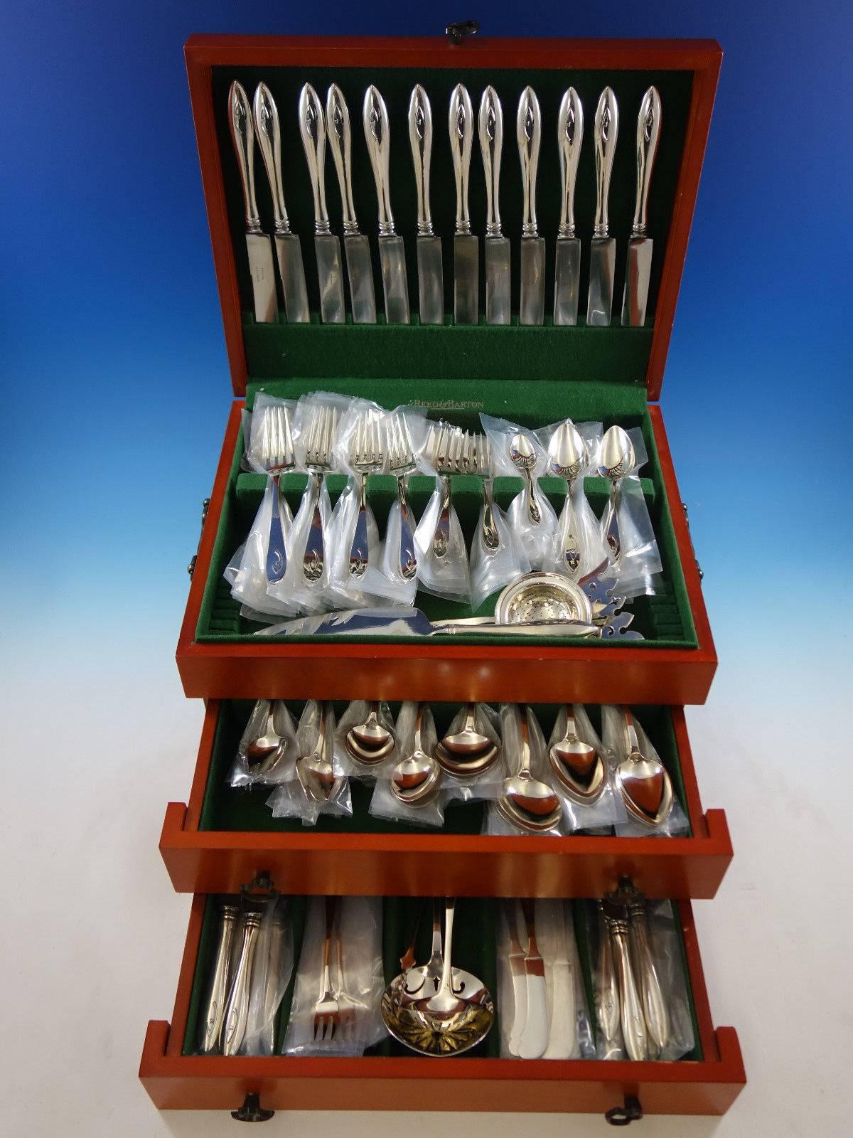 Exceptional dinner & luncheon Arts & Crafts BUCKINGHAM NARROW, sterling silver flatware set, 162 Pieces. This pattern is by  BY SHREVE & CO. of San Francisco, circa 1915. This set includes: 

12 DINNER SIZE KNIVES, 9 7/8