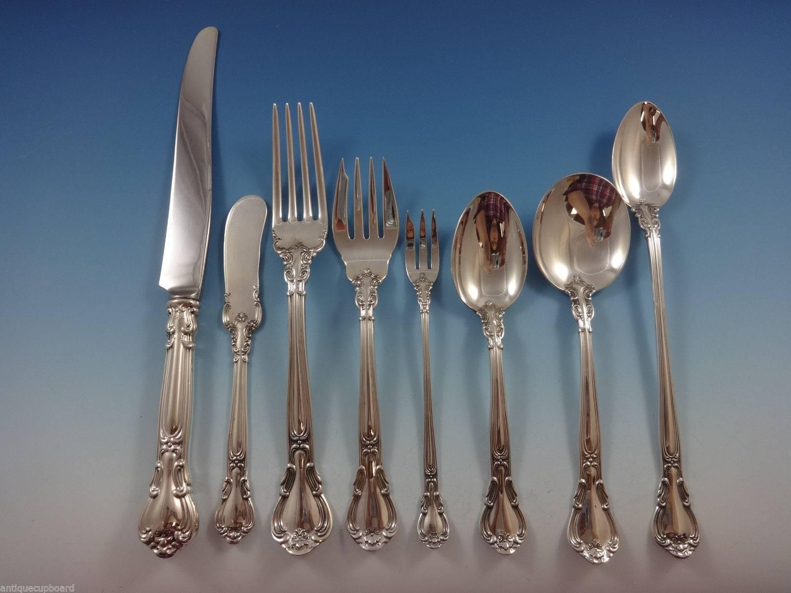 Finely crafted with the graceful elegance associated with 18th Century France, this stately pattern was first introduced in 1895. The intricate design is embellished with a cascade of deeply carved borders showcasing a slender raised central panel