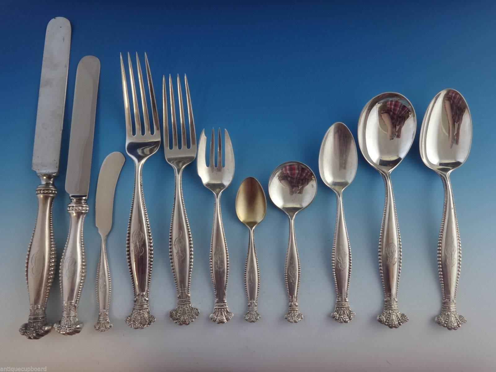 Sandringham by Shiebler sterling silver flatware set in original fitted box, circa 1890s. This fabulous regal set includes:

12 dinner size knives, 10 1/8