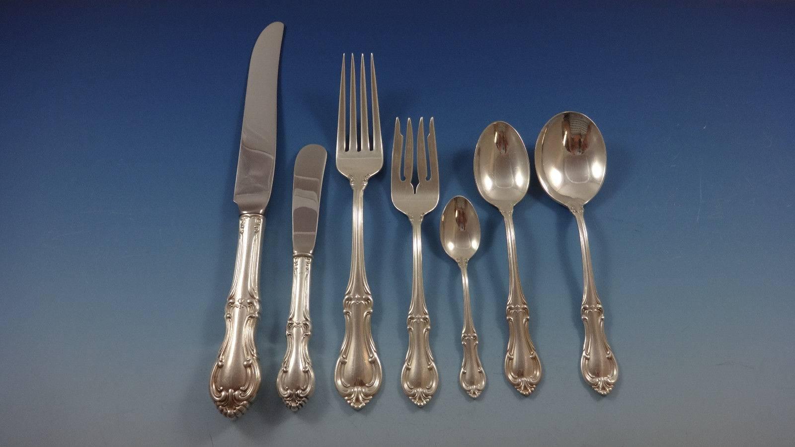 Inspired by the designs of the court of Louis XV, this sterling silver flatware pattern is as heroic and feminine as its namesake. Its traditional curves and contours are restrained by a modern touch, emphasizing the tapered slenderness of the