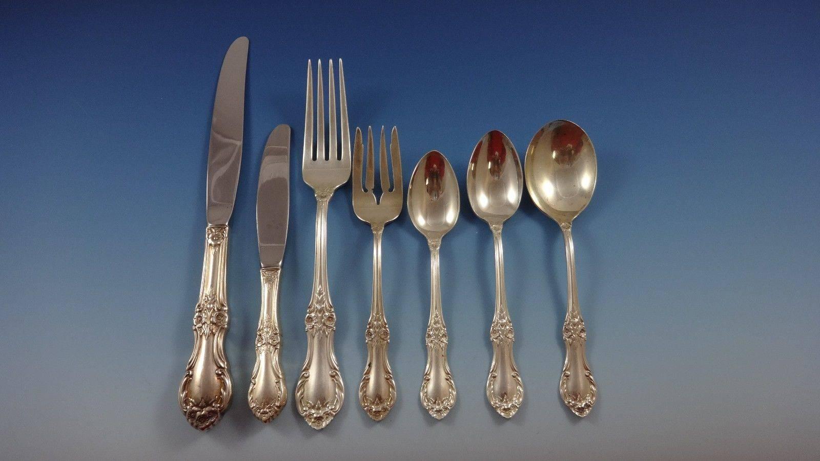Wild Rose by International Sterling Silver Flatware Set of 95 Pieces includes: 12 Knives 9 1/8", 12 Dinner Forks 7 3/4", 12 Salad Forks 6", 12 Teaspoons 5 7/8", 12 Cream Soup Spoons 6", 12 Hollow Handle Butter Spreaders 6