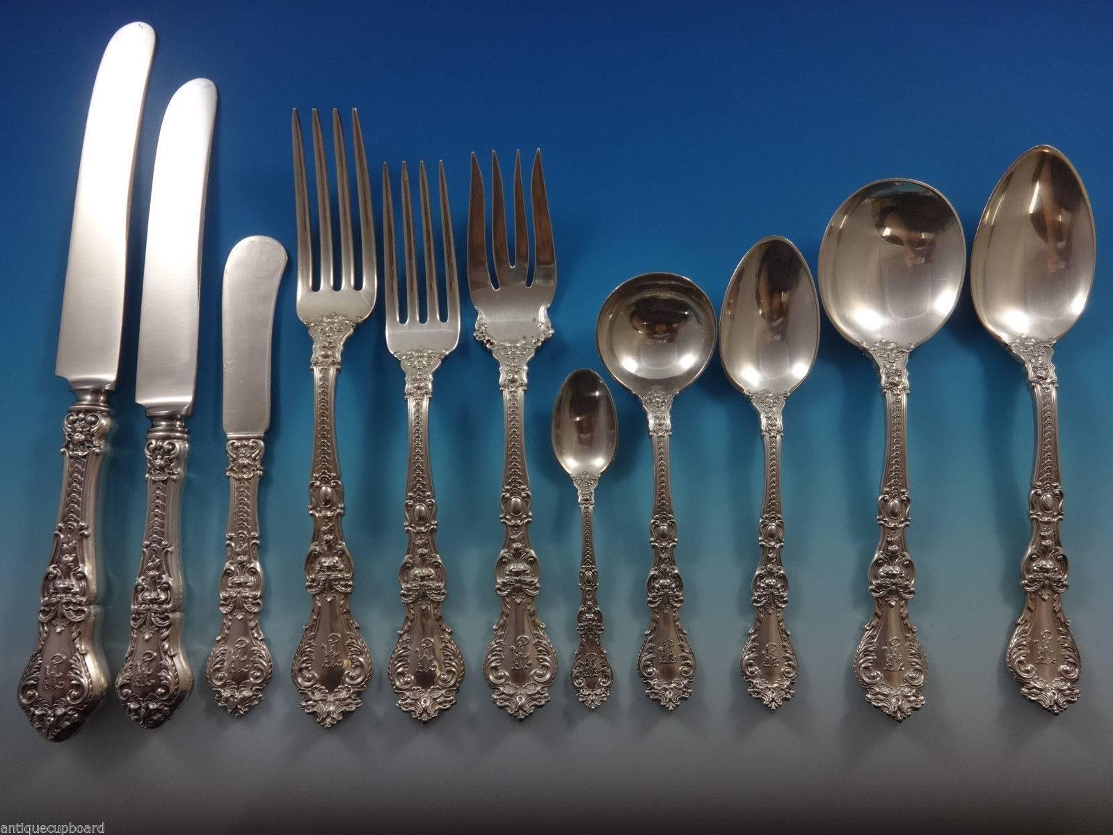 Henry II by Gorham Dinner & Luncheon size Sterling Silver flatware set includes: 18 DINNER SIZE KNIVES, 9 3/4", 18 DINNER SIZE FORKS, 7 3/4", 18 LUNCHEON KNIVES, 8 3/4", 18 LUNCHEON FORKS, 7", 18 LARGE SALAD/FISH FORKS, 7