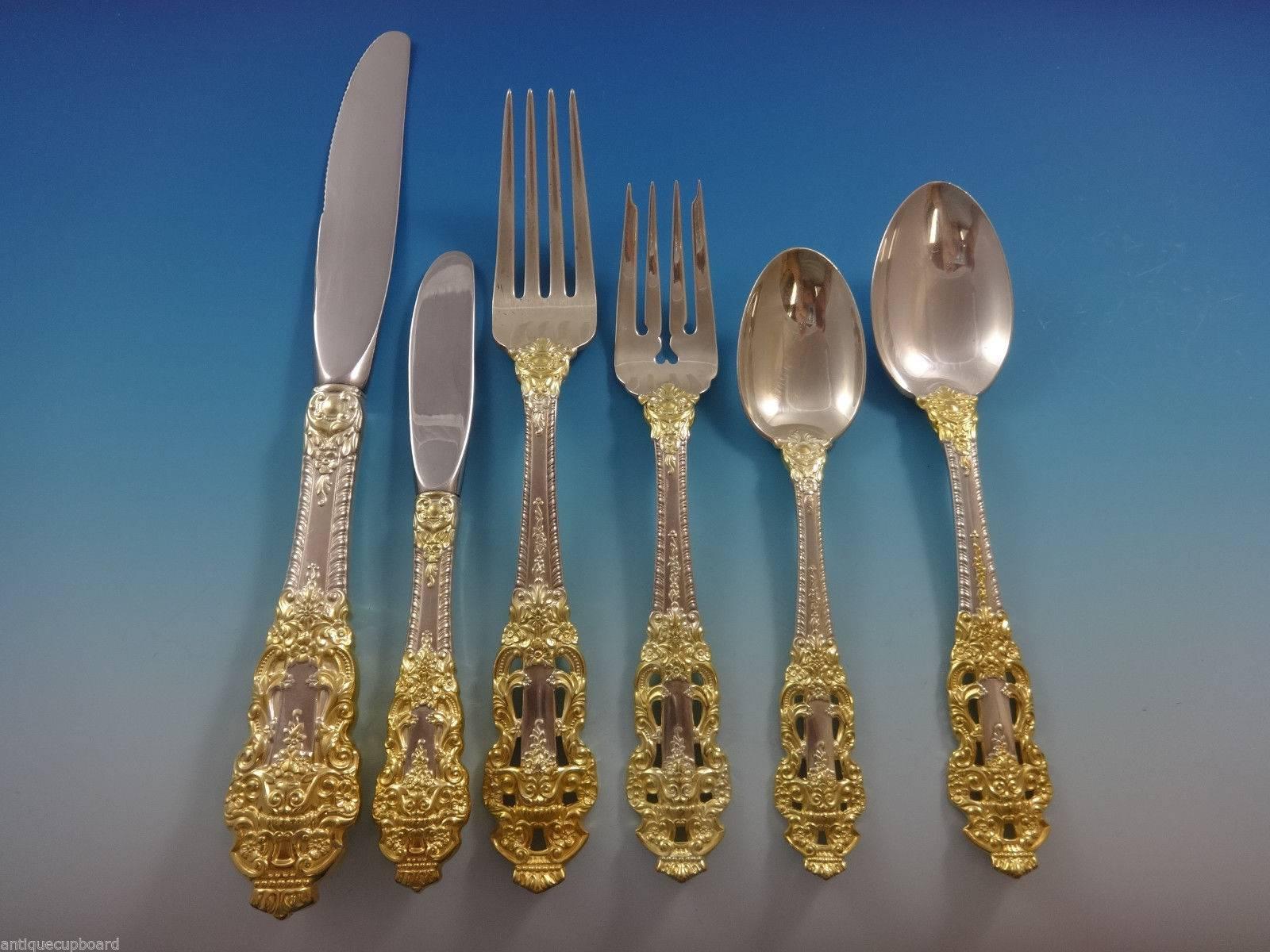 Exceptional DINNER SIZE GOLDEN CROWN BAROQUE BY GORHAM sterling silver DINNER SIZE Flatware set - 74 pieces. THIS SET WONDERFULLY HEAVY & IMPRESSIVE! 

This set includes:

•12 DINNER SIZE KNIVES, SERRATED, 9 7/8