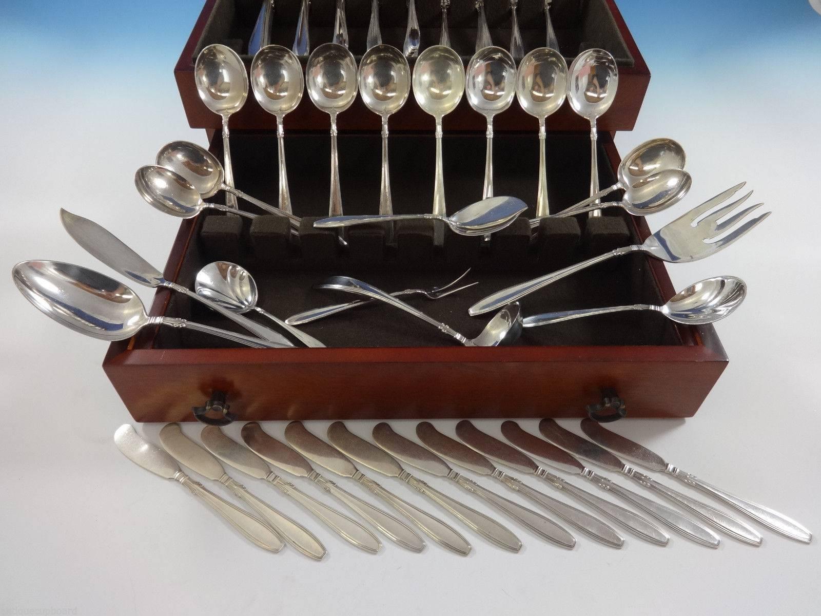 Large nocturne by Gorham sterling silver flatware set, 93 pieces. This pattern has an simple, Art Deco, linear design. 

This set includes:
12 knives, 9