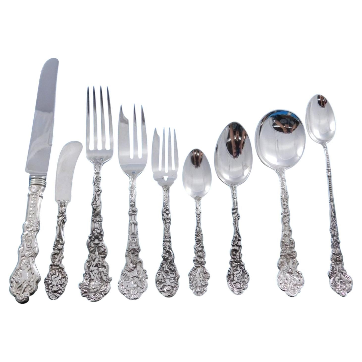 Juego de cubiertos de plata de ley «Versailles» de Gorham, 12 cubiertos por persona, 119 piezas, para cena