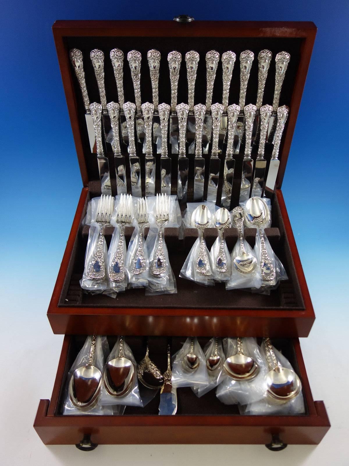 Exquisite CHRYSANTHEMUM BY DURGIN sterling silver Dinner and Luncheon Flatware set, 107 pieces, introduced in the year 1893. This set includes: 

12 DINNER SIZE KNIVES, 9 3/4