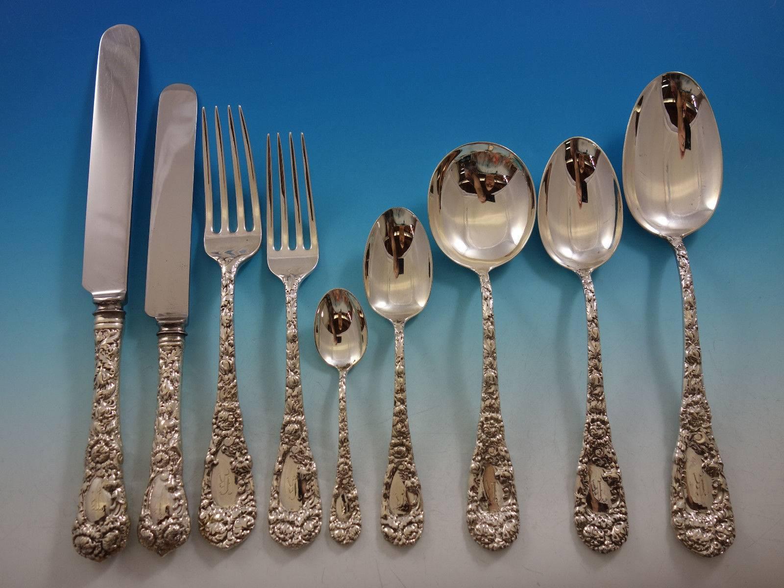 Chrysanthemum by Durgin Sterling Silver Flatware Set Service 107 Pcs K Monogram In Excellent Condition In Big Bend, WI