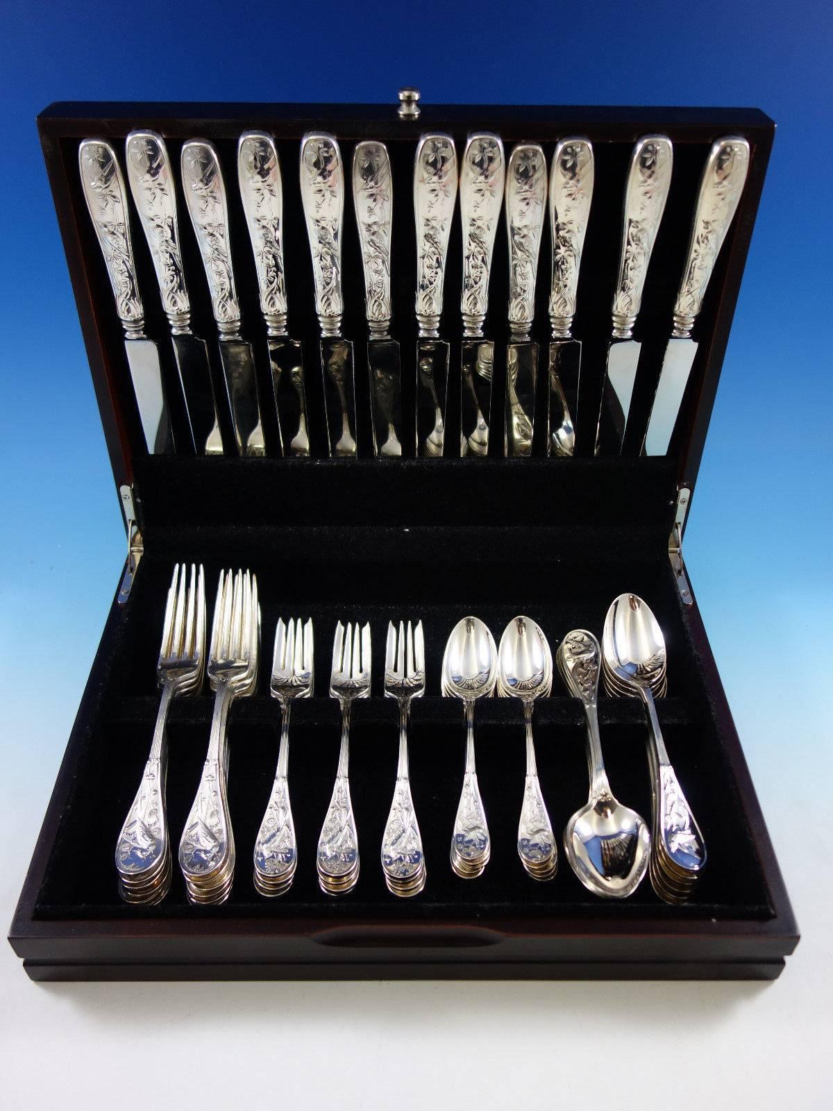 This estate set is circa 1960s, the pattern detailing is far superior compared to the pieces made today from worn out dies. Dinner Size Audubon by Tiffany & Co. sterling silver flatware set, 60 pieces. This set includes: 12 dinner size knives, 9