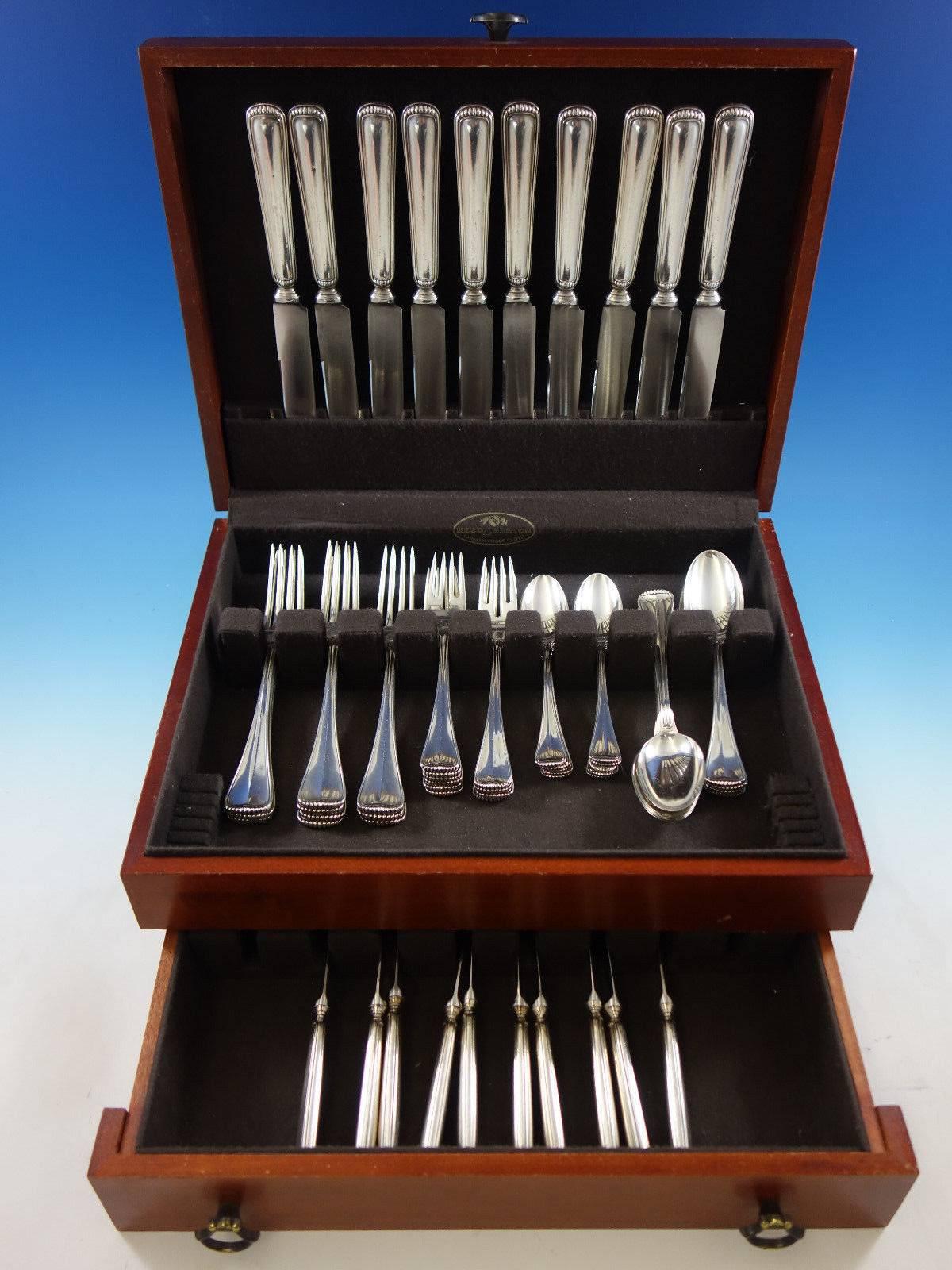 Dinner size Milano by Buccellati sterling silver flatware set- 60 pieces. This set includes: ten dinner size knives, 10", ten dinner size forks, 8 1/4", ten salad forks, 6 7/8", ten teaspoons, 6", ten place soup spoons, 7