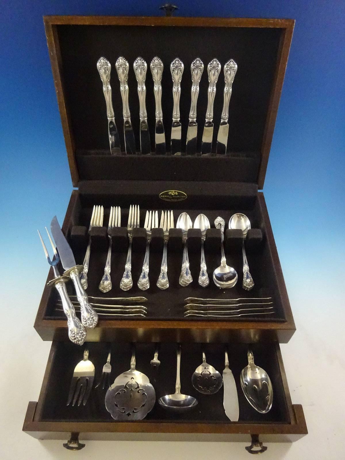 Chateau Rose by Alvin sterling silver flatware set, 60 pieces with many servers. This set includes: 

Eight knives, 8 7/8