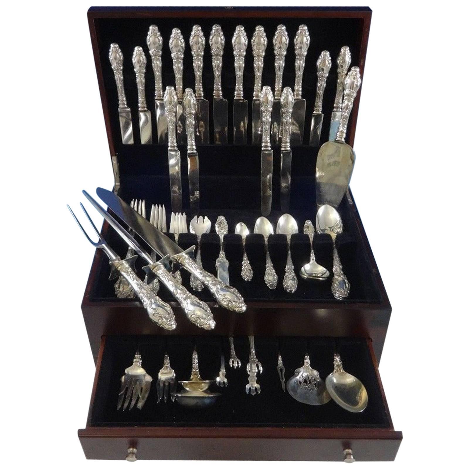 Beautiful Art Nouveau Virginiana by Gorham (circa 1905) sterling silver dinner and Luncheon flatware set - 111 pieces. This set is crisp and has no monogram (which is rare for this pattern). This set includes: Eight dinner size knives, 9 5/8
