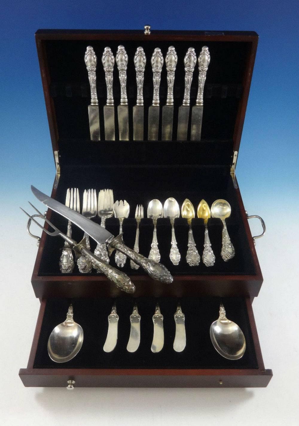 Dinner size Virginiana by Gorham sterling silver Art Nouveau flatware set of 76 pieces. This set includes: 

Eight dinner size knives, with blunt stainless replaced blades, 9 3/4
