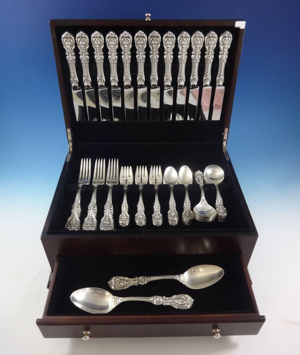Dinner size Francis I Old by Reed & Barton sterling silver flatware set, 62 pieces. This set includes: 12 dinner size knives, 9 3/4