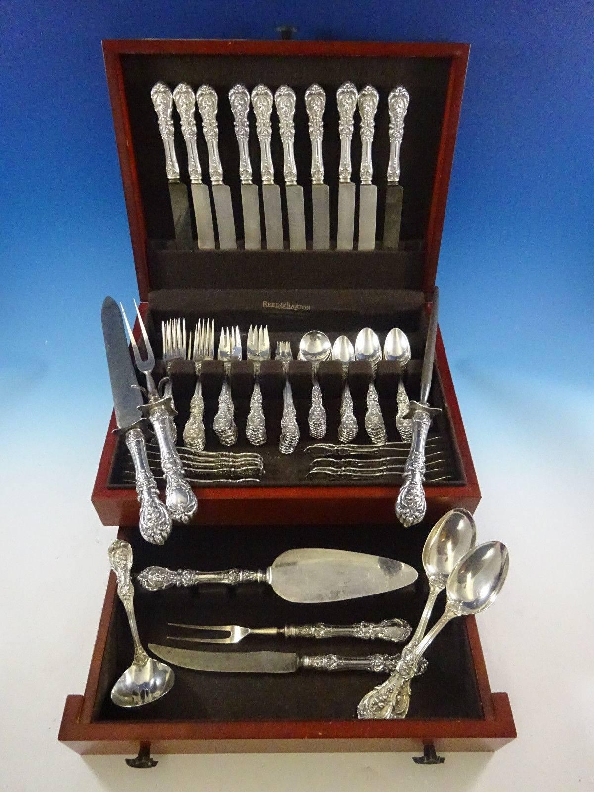 Exceptional Old Francis I by Reed & Barton sterling silver flatware set - 87 pieces. This set has fabulous crisp detailing and includes: ten knives, blunt silver plated blades, 9 3/8", ten forks, 7 1/8", 12 salad forks, 6 1/4", 12