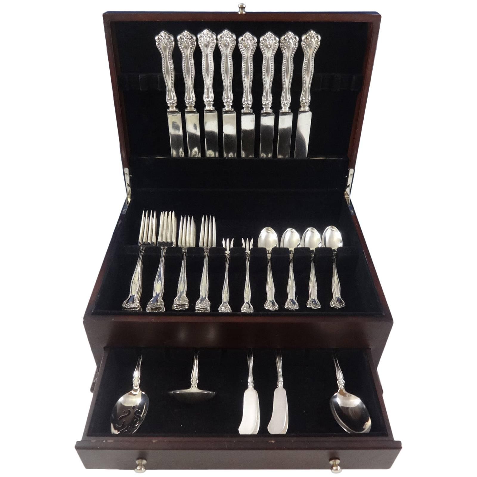 Rare Raleigh by Alvin sterling silver dinner size flatware set - 51 pieces. This set includes: 

Eight dinner knives, 9 5/8