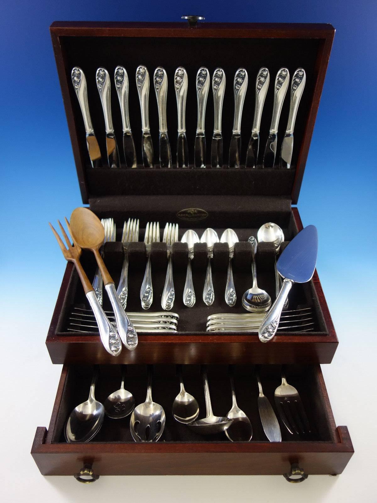 Lily of the valley by Gorham sterling silver flatware set, 85 pieces. This set includes: 

12 knives, 8 7/8