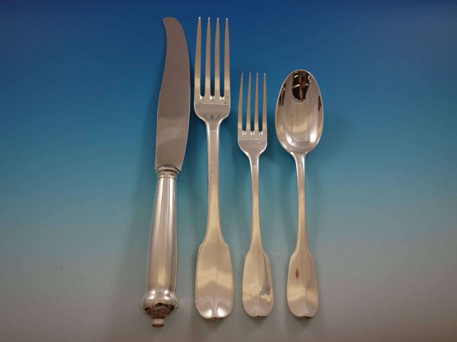 Exceptional Louvois by Puiforcat sterling silver flatware set. This set includes: 

24 Dinner Knives, 9 5/8”, 
48 Dinner Forks, 8 3/8”, 4 tine, 
24 Regular Knives, 8 3/8, *12 w/ stainless blade, *12 w/ sterling blade, 
24 Salad forks, 6 ¾”, 4 tine,