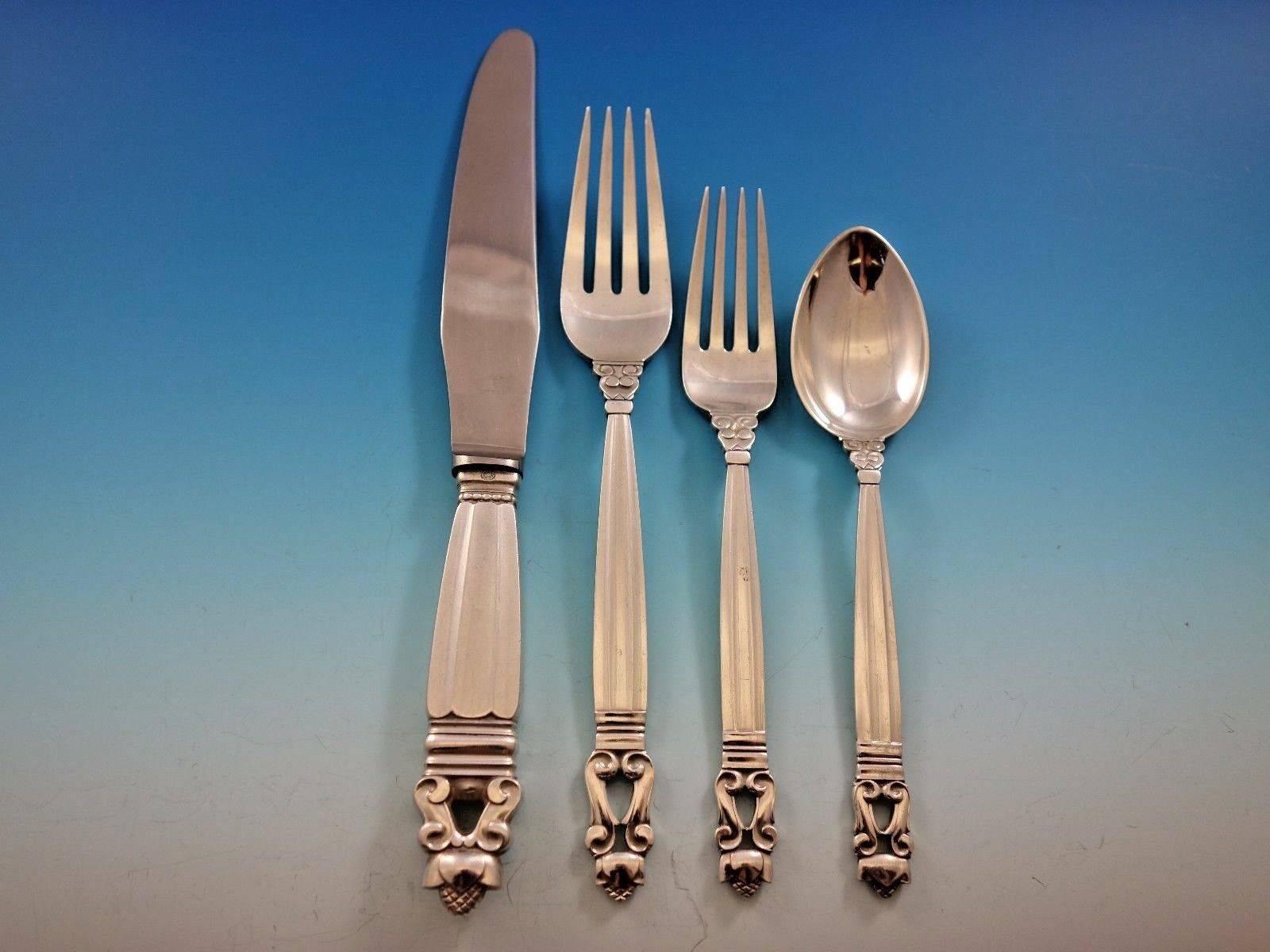 Acorn by Georg Jensen Sterling Silver Flatware Set for 12 Service 48 Pieces In Excellent Condition In Big Bend, WI