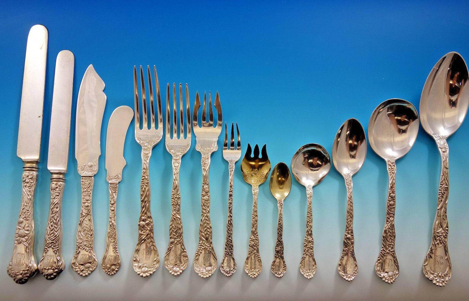 Exceptional Meadow by Gorham sterling silver flatware set, 180 pieces. This set includes:
 
12 dinner knives, 9 5/8