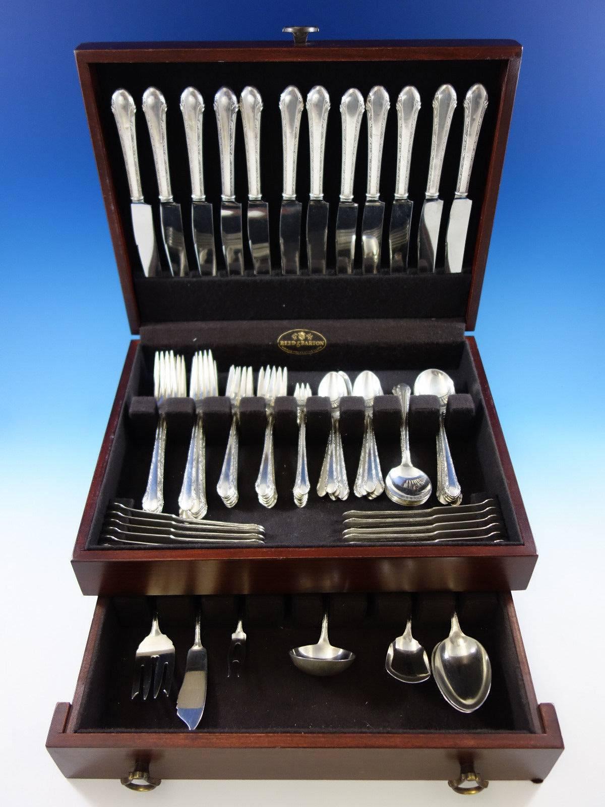 Dinner size chased Romanesque by Alvin sterling silver Flatware set, 91 pieces. This set includes: 

12 dinner size knives, 9 5/8