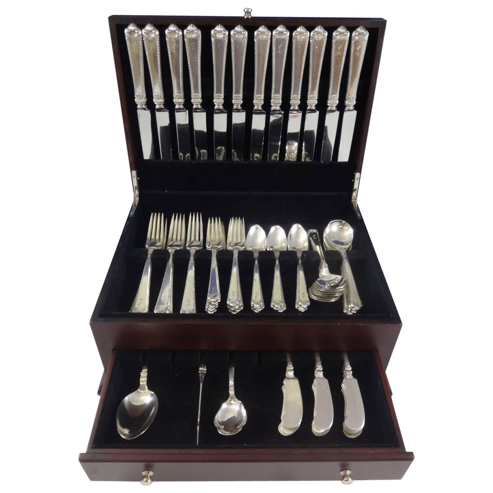 Fabulous George II rex hand chased by Watson sterling silver dinner size flatware service, 75 pieces. This pattern is wonderfully heavy. This set includes: 

12 dinner size knives, 10 1/8