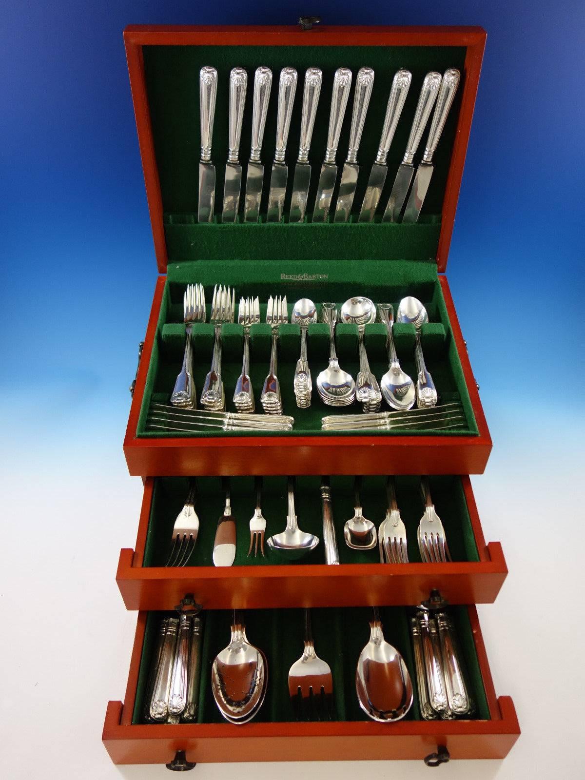 Monumental Fiddle Thread & Shell by James Robinson handmade sterling silver flatware set of 100 pieces. This set includes:

Ten dinner size knives, 9 1/2"
Ten dinner size forks, 7 1/2"
Ten luncheon forks, 7"
Ten salad forks, 6