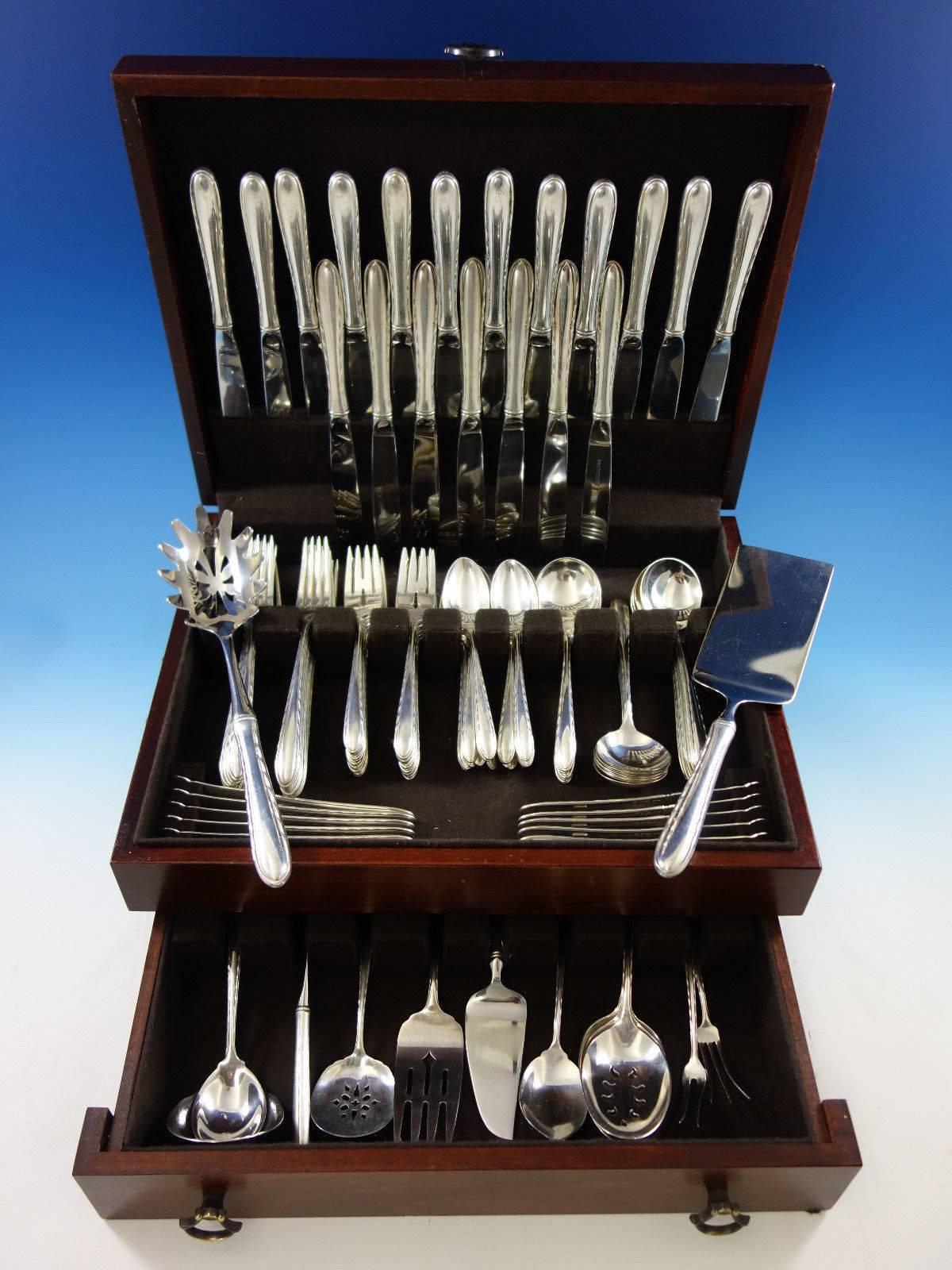 Monumental silver flutes by Towle sterling silver flatware set for 18, 122 pieces. Perfect for entertaining a large group! This set includes: 

18 knives, 8 7/8