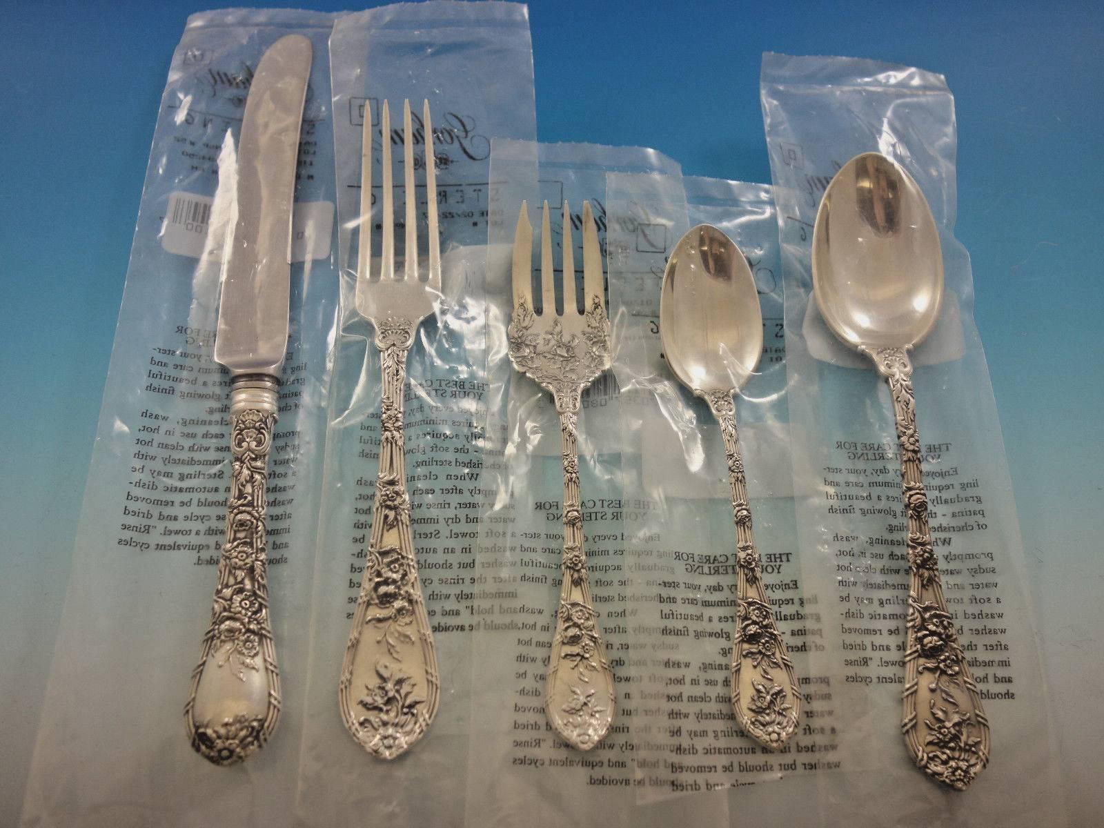 Exceptional new Dinner Size Dauphin by Gorham sterling silver Flatware set, 67 pieces. This set includes: 12 dinner size knives, 9 1/2