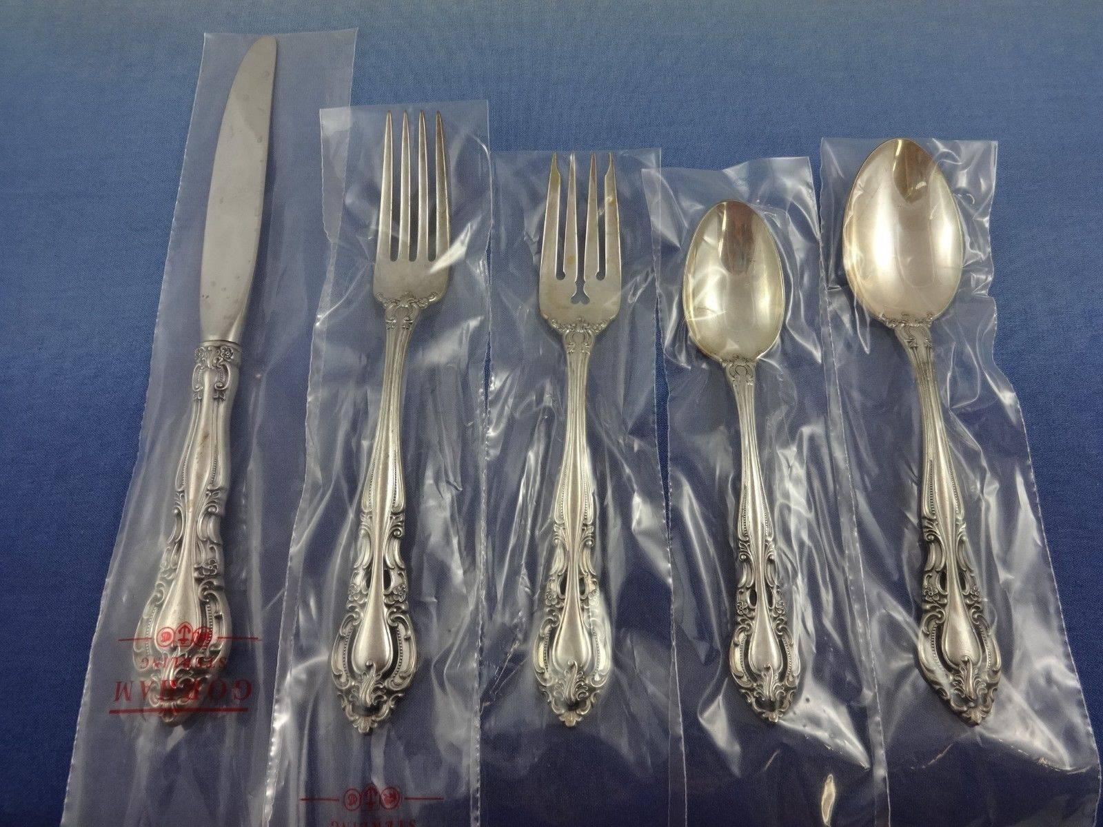 Baronial by Gorham sterling silver flatware set, 45 pieces. This set appears to be unused and most pieces are still in the factory sleeves! This set includes: 

Eight place size knives, 9 1/4