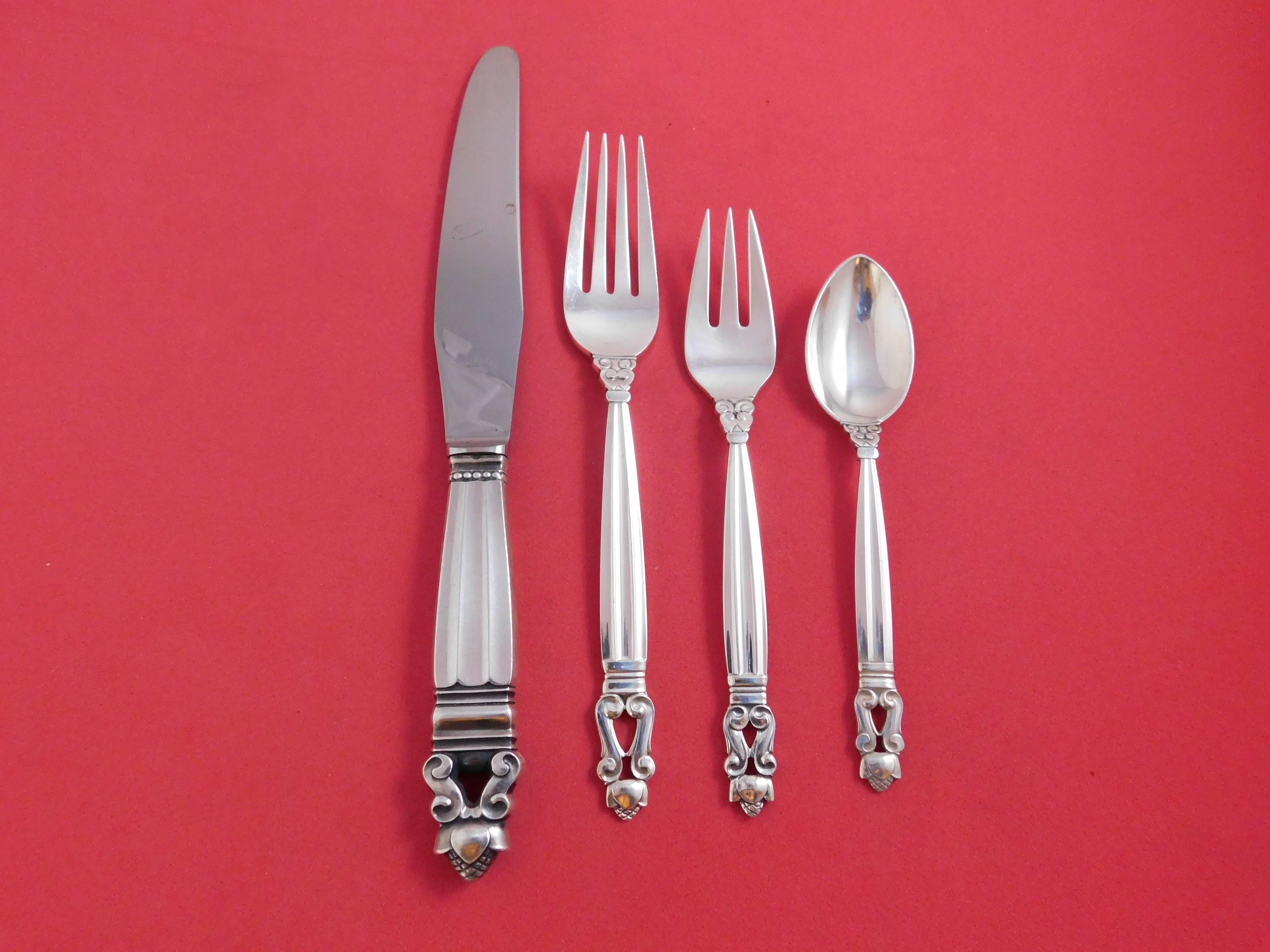Acorn by Georg Jensen Sterling Silver Flatware Set for 12 Service Dinner In Excellent Condition In Big Bend, WI