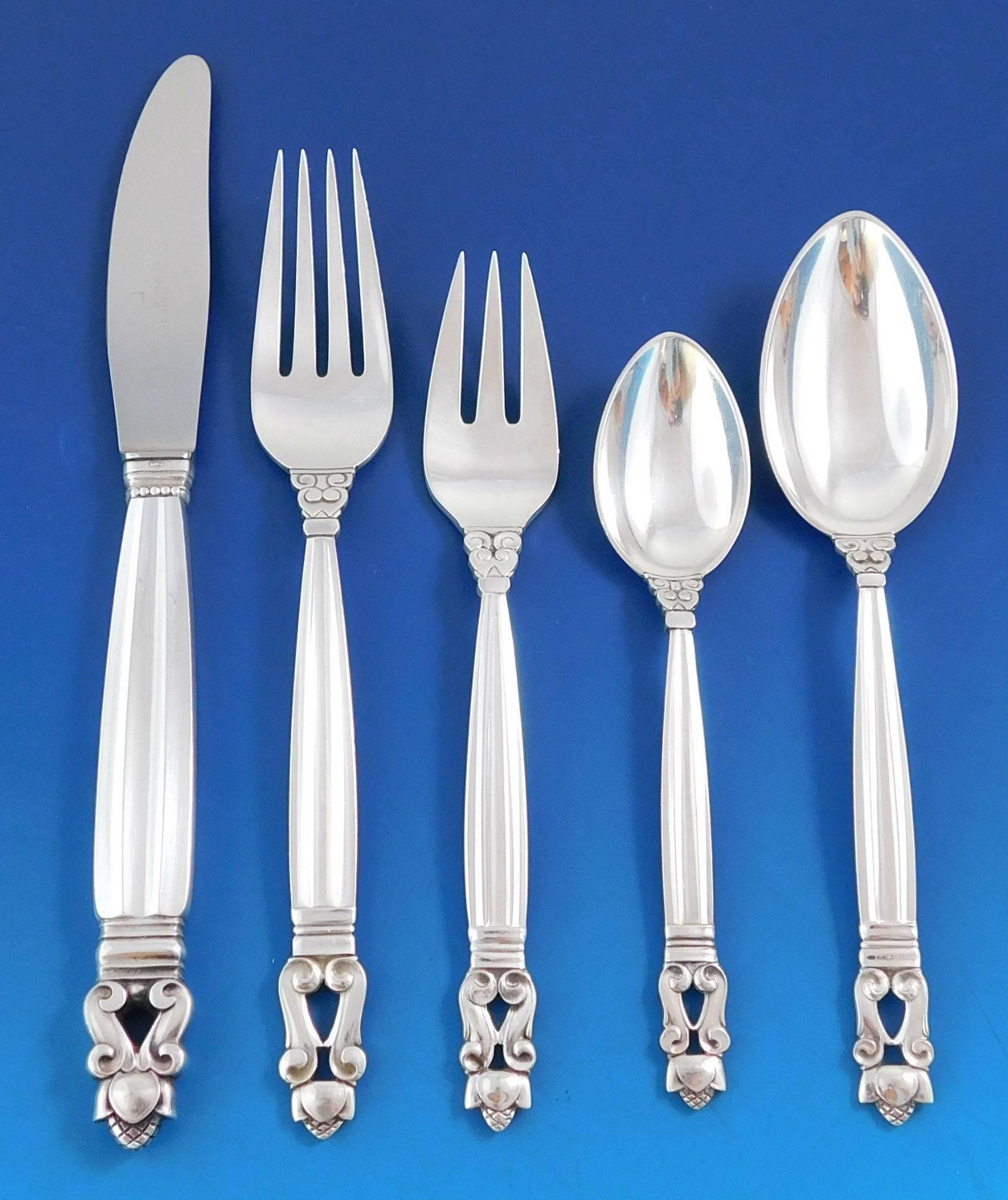Mid-20th Century Acorn by Georg Jensen Sterling Silver Dinner Flatware Set 8 Service of 40 Pieces
