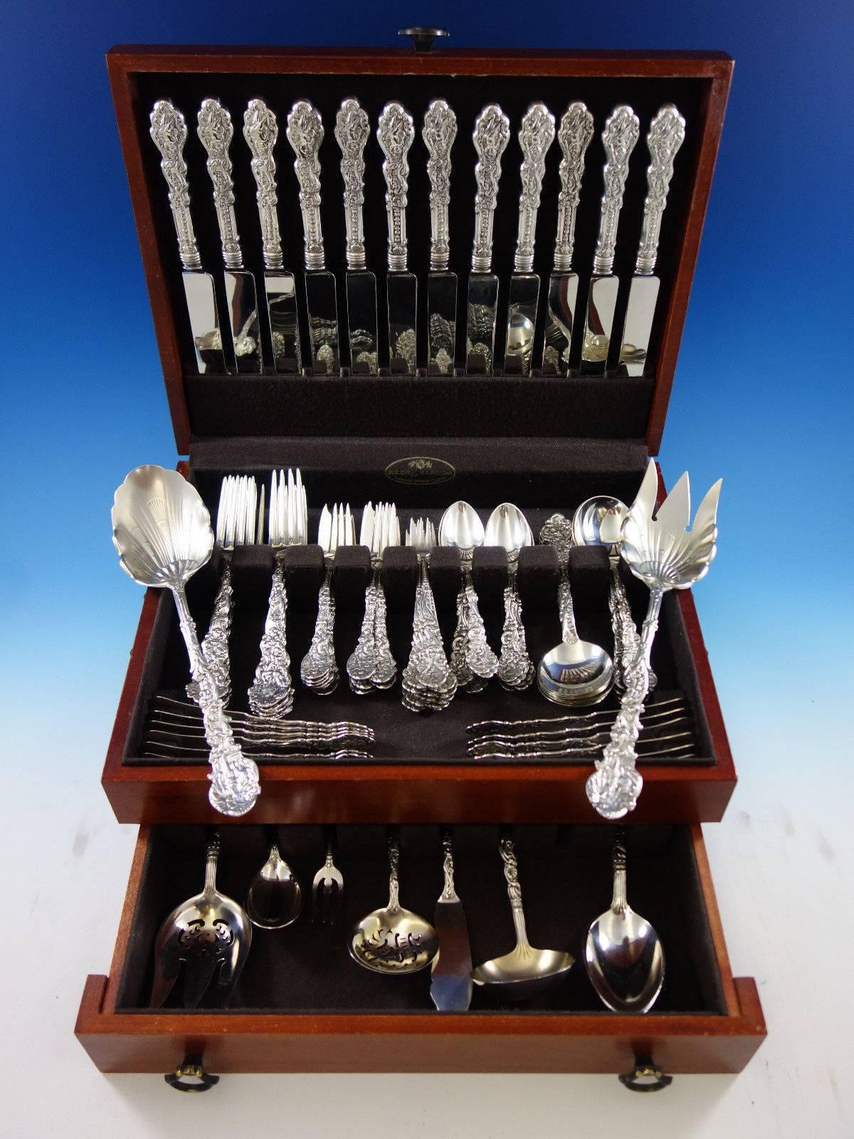 Dinner size multi-motif Versailles by Gorham sterling silver flatware set of 94 pieces. This set includes: 12 dinner size knives, 9 7/8