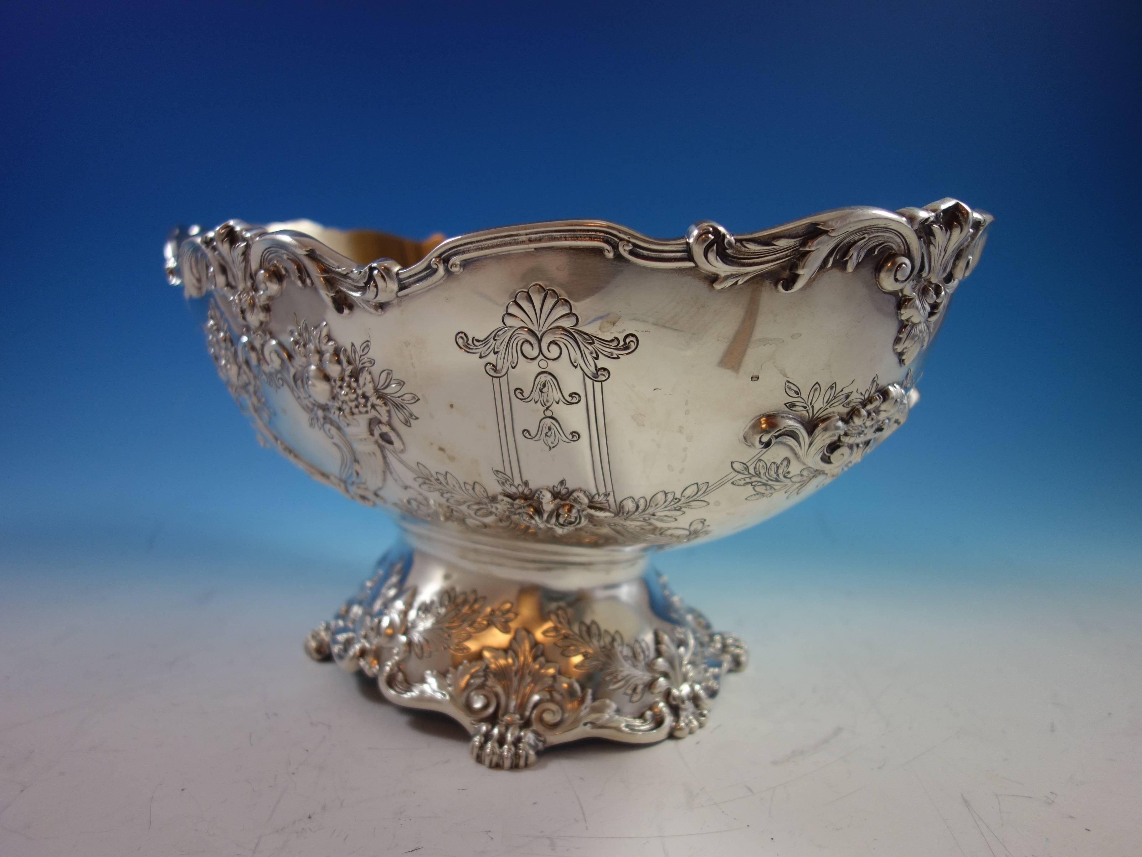 Absolutely stunning Francis I by Reed and Barton sterling silver oval centerpiece fruit bowl on pedestal. It has a gold washed interior, and it is marked with #572A. It measures 15 1/2