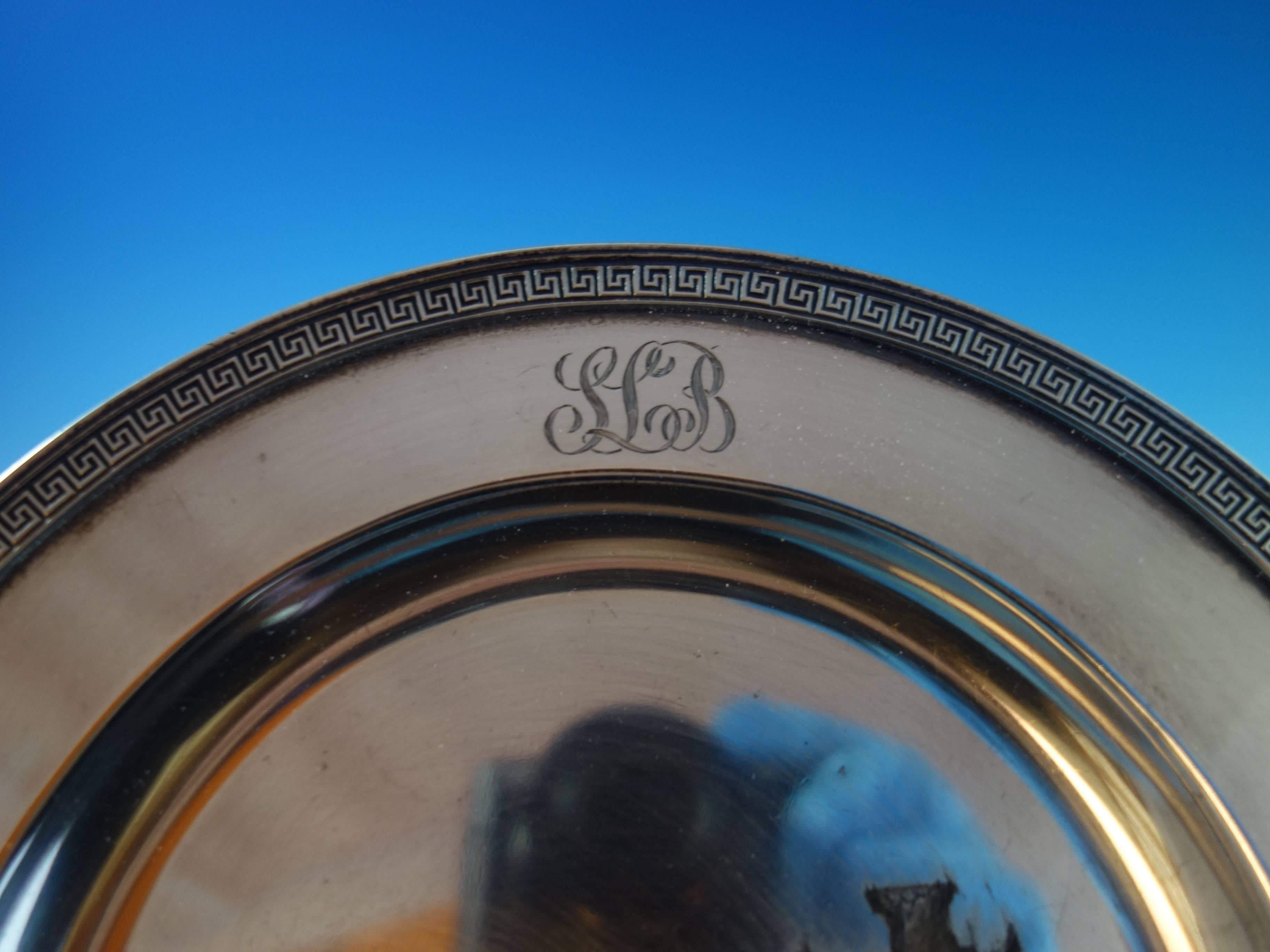 Etruscan by Gorham sterling silver dessert plate. The piece has a "SLB" monogram (see photos), and it's marked with #A9252. The plate measures 7" in diameter, and it weighs 6.58 ozt. It is in excellent condition.

100% Satisfaction