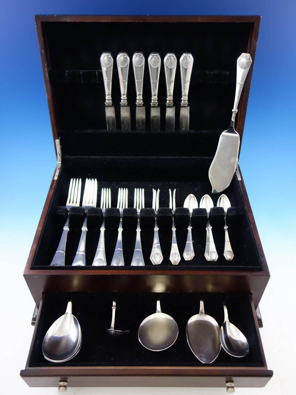 Strand AKA Beach by W&S Sorensen Danish (826/1000) silver handmade flatware set, 37 pieces. This set includes: Six knives, 8 1/8