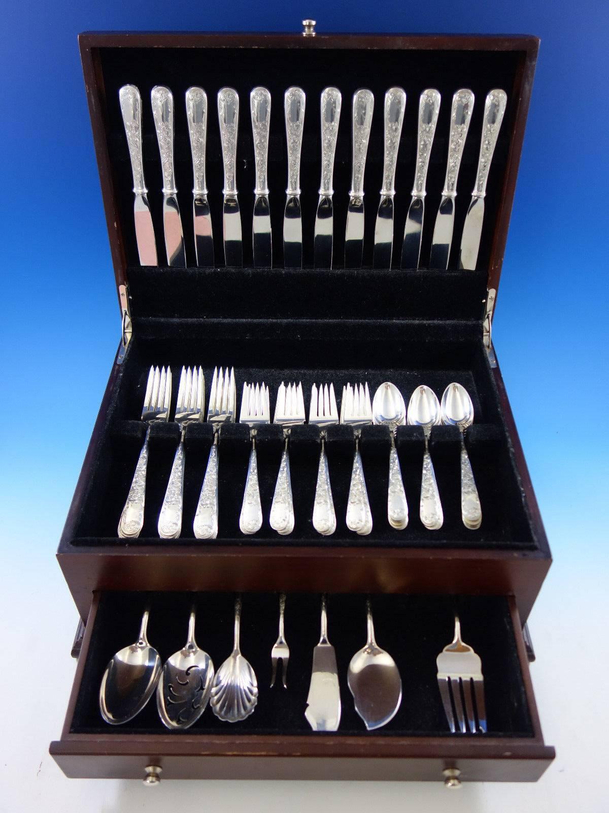 Old Maryland Engraved by Kirk sterling silver flatware set, 55 pieces. This set includes: 12 knives, 9