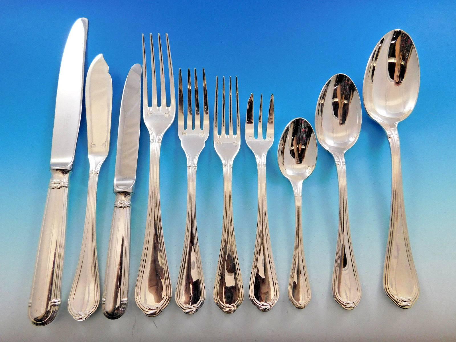 Oceana by Christofle France silver plated flatware set, 136 pieces in fitted Christofle chest. This set includes: 12 dinner size knives, 9 5/8