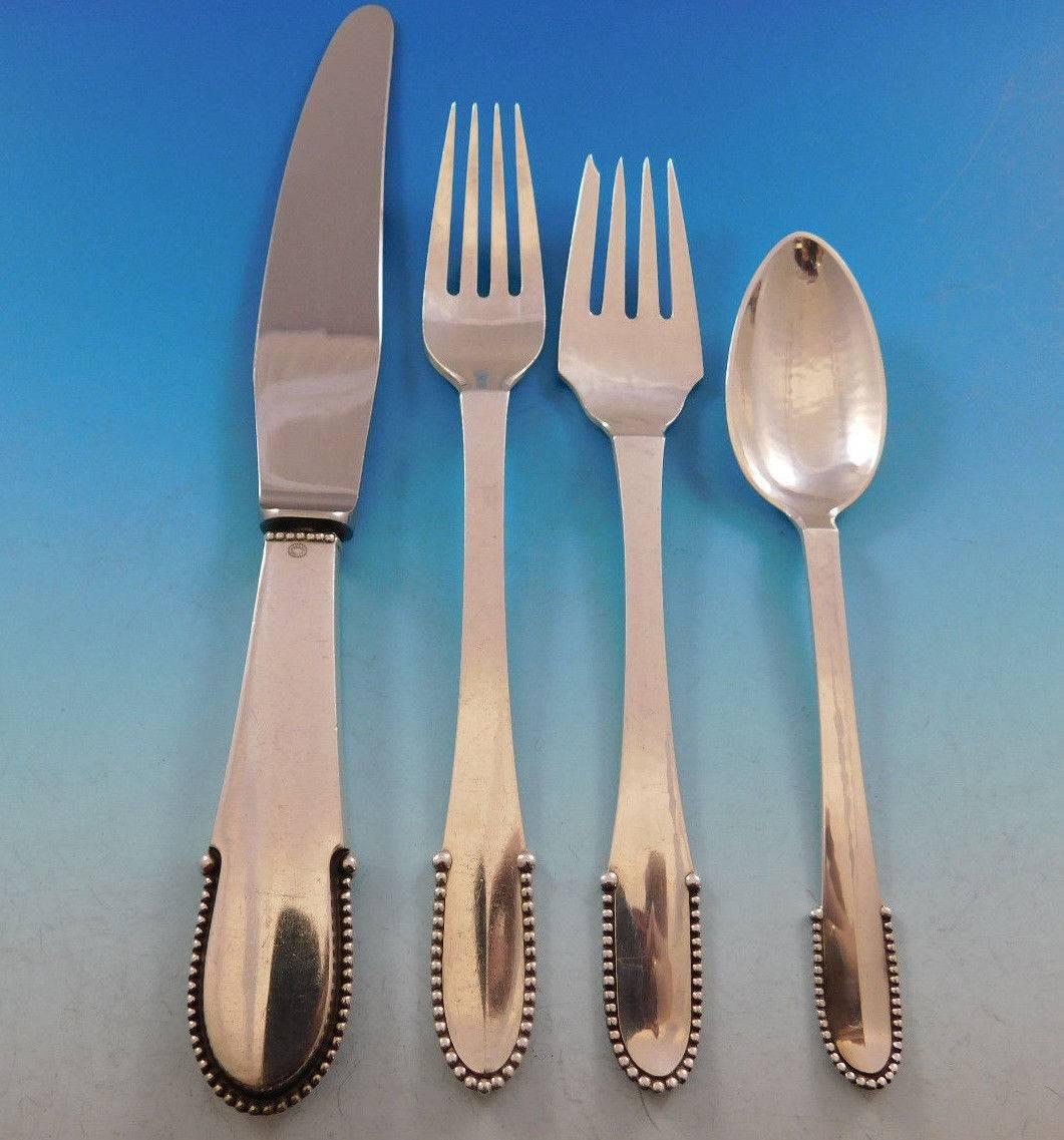 Beaded by Georg Jensen Sterling Silver Flatware Set for 8 Service 64 Pcs Dinner In Excellent Condition For Sale In Big Bend, WI