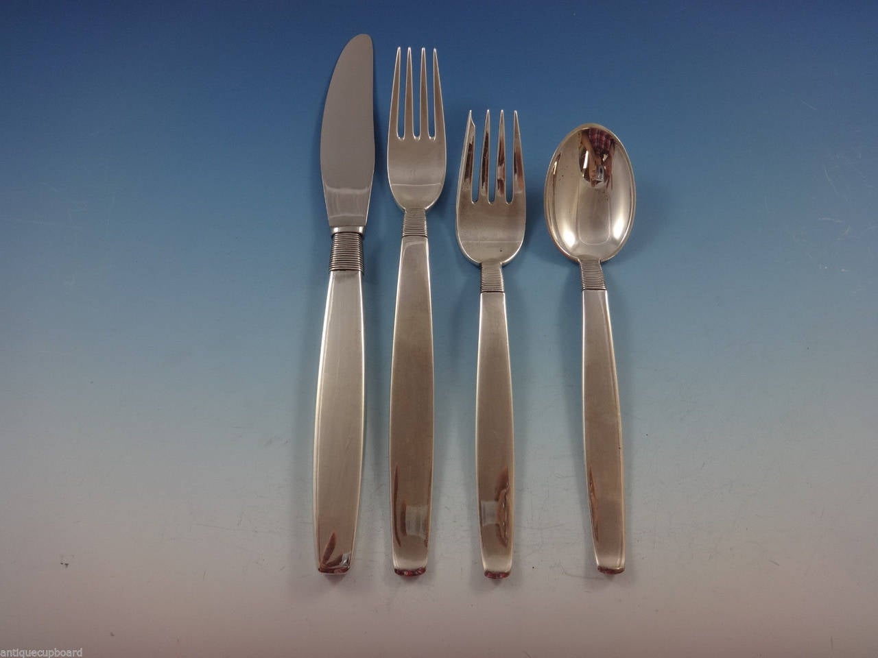 Mid-Century Modern Silver Thread by Hingelberg Danish Sterling Silver Flatware Set Service 98 Pcs For Sale