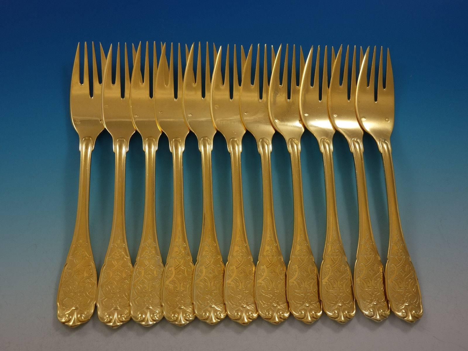20th Century Elysee Puiforcat French Sterling Silver Vermeil Gold Set of 11 Fish Forks