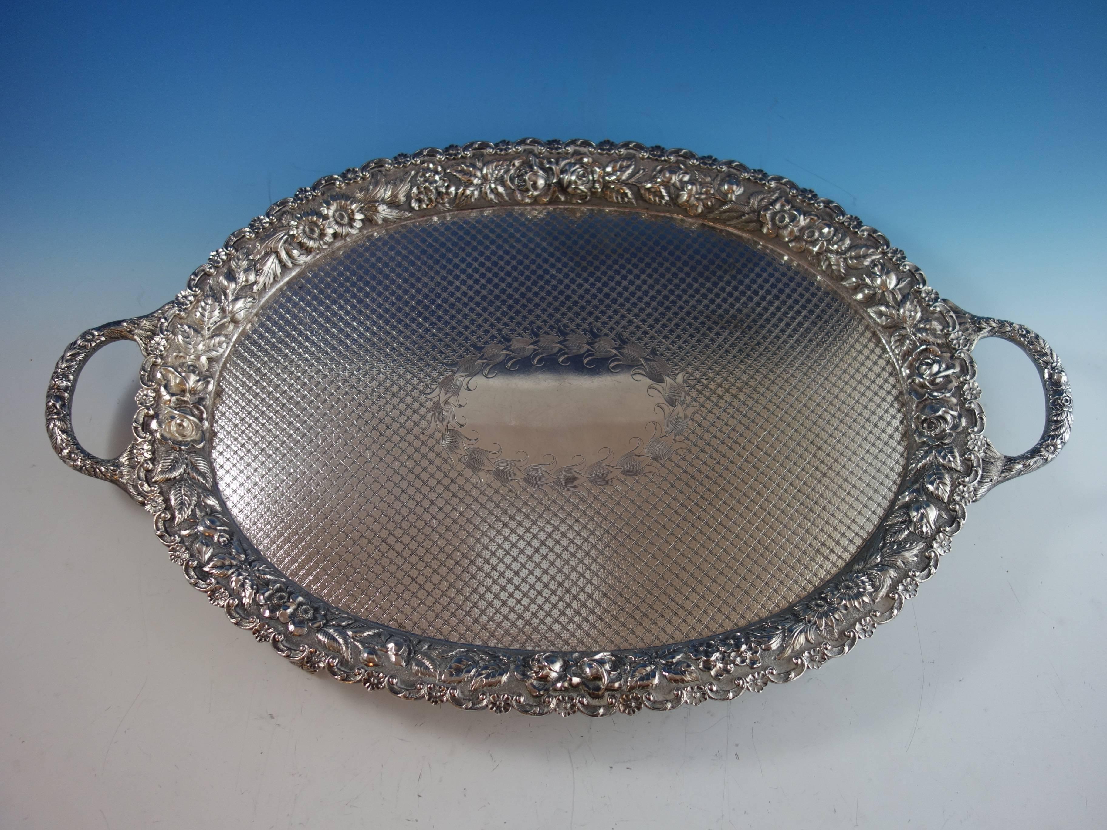 Baltimore Rose Schofield Sterling Silver Tea Tray Footed Hand Chased Hollowware In Excellent Condition In Big Bend, WI