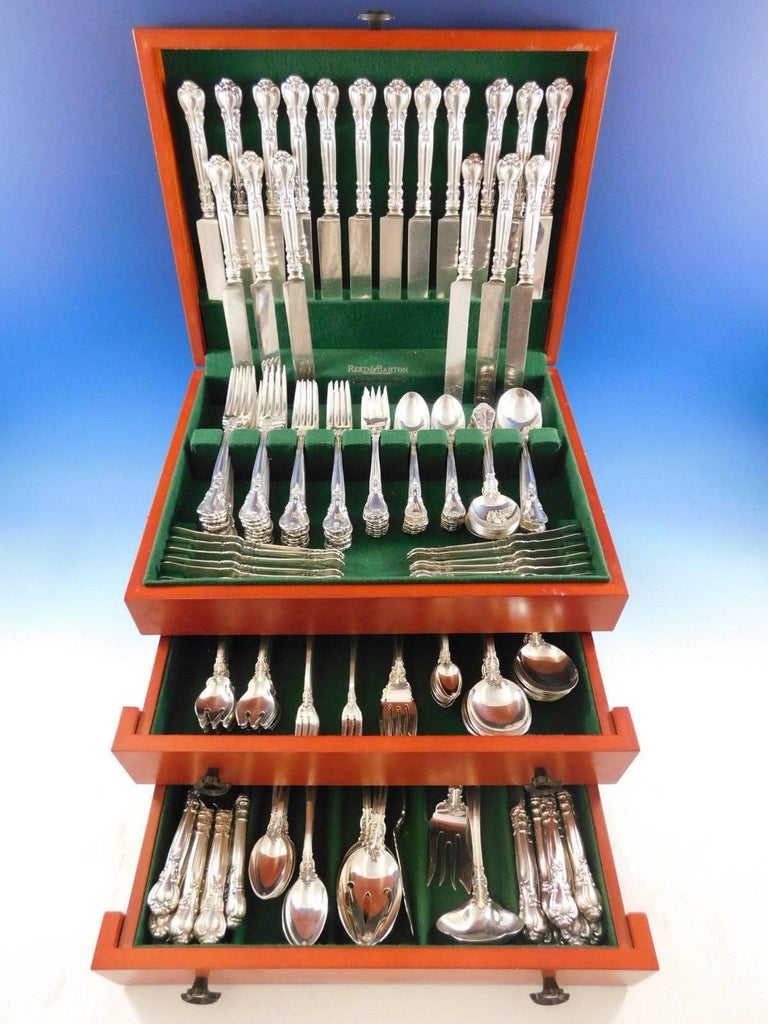 Chantilly by Gorham sterling silver flatware set, 240 pieces. This set includes: 

18 dinner size knives, blunt, 9 3/4