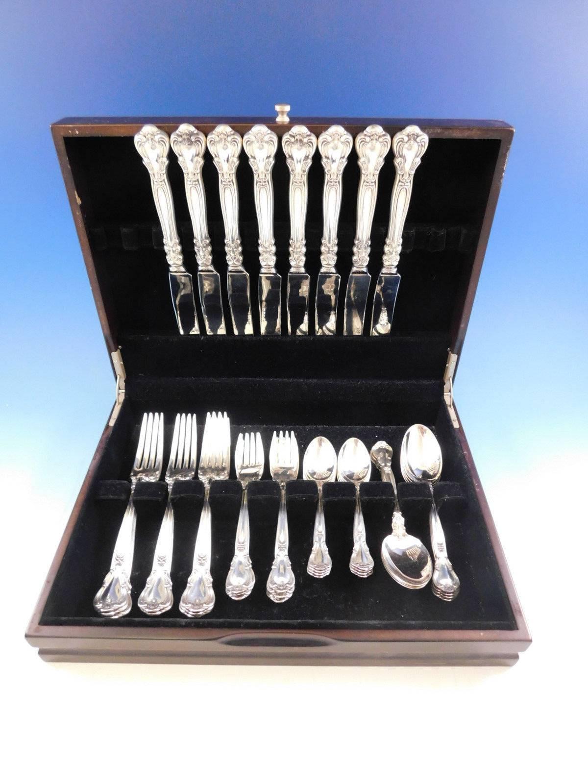 Rare continental size Chantilly by Gorham sterling silver flatware set, 40 pieces. Continental size is scarce, circa 1990s, and refers to the overall larger size of flatware that is popular in European countries. It is marked by massively large